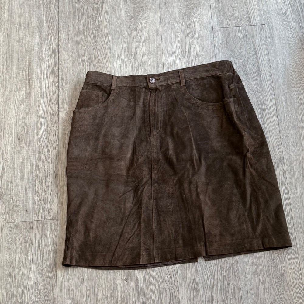 VTG Brown Suede Leather Mini Skirt Size 16 preppy academia neutral 90's western